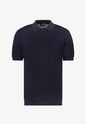Polo a maniche corte blu navy in tessuto a maglia testurizzata, con colletto classico e orlo a coste. Design semplice, senza motivi o accenti visibili.