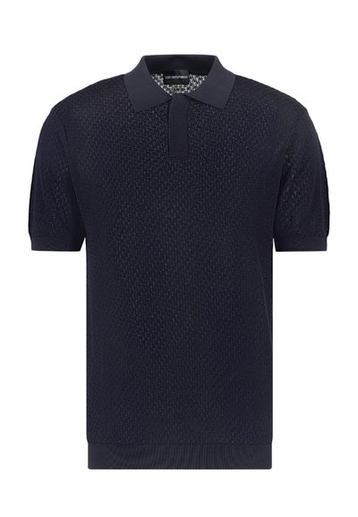 Polo a maniche corte blu navy in tessuto a maglia testurizzata, con colletto classico e orlo a coste. Design semplice, senza motivi o accenti visibili.