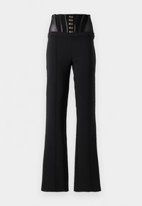 Black high-waist pants with a built-in black corset featuring hook-and-eye closures and vertical seam details.