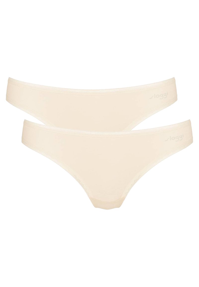 Beige nahtlose Th thong-Unterwäsche mit glatter Textur und breitem elastischem Bund, mit einem dezenten Markenlogo auf der Vorderseite. Zwei Teile ausgestellt.