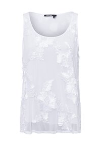 Weißes ärmelloses Top mit floralem Stickmuster, Rundhalsausschnitt und leichtem, transparentem Material. Glattes Gewebe mit zarten Akzenten.