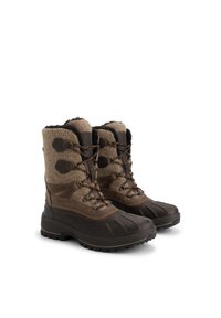 Bruine waterdichte laarzen met een gestructureerde bruin bovenkant, grijze viltaccenten en een zwarte nepbont voering. Voorzien van metalen oogjes en zwarte rubberen zolen.