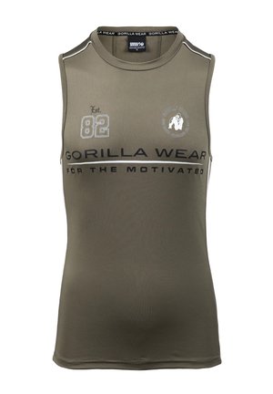 Sleeveless olive green tank top made of smooth fabric featuring black text and graphics, white accents, and a logo on the front.