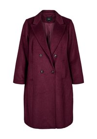 Burgundské kabát z vlněné směsi s dvojitým zapínáním, klopovými límci, dvěma předními kapsami a černými knoflíky. Hladká textura.