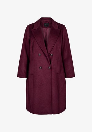 Burgunderfarbener Wollmischungsmantel mit doppelter Knopfleiste, Reverskragen, zwei vorderen Taschen und schwarzen Knöpfen. Glatte Textur.
