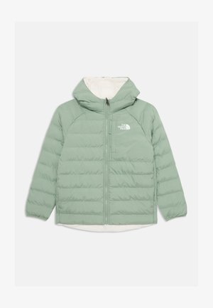 Green puffer jacket with a zip front and hood. Features a white interior lining and a chest logo on the left side. Textured, quilted design.