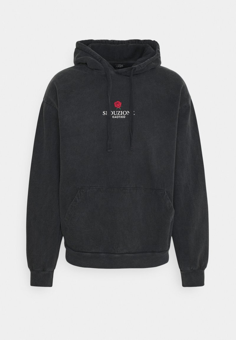 Sweat à capuche noir avec poche avant, petit motif de rose rouge et texte « SOUZIONE KAOTIKO » centré sur la poitrine.