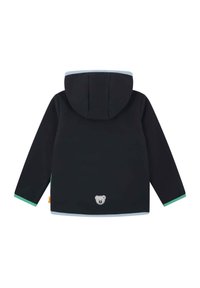 Giacca nera con cappuccio, decorata con accenti verdi e blu chiaro. Presenta un logo di orso sul retro e maniche lunghe con colori dei polsini a contrasto.