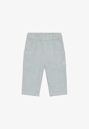 Pantaloncini cargo a righe azzurri con elastico in vita, due tasche laterali e una piccola etichetta sulla tasca. Tessuto di cotone strutturato.