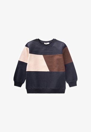 Sweatshirt coloré en blocs bleu marine et marron avec un col ras du cou, des manches longues et des poignets côtelés. Fabriqué en tissu doux et lisse.