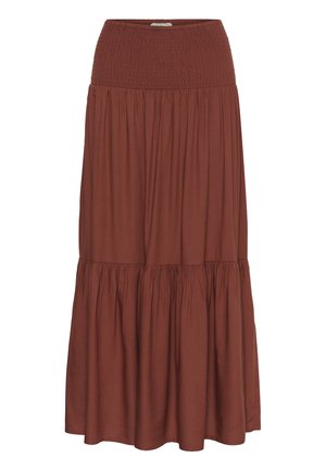 Dlhá hnedá sukňa s elastickým naberaným pásom a nariasenými vrstvami, prúdiaci materiál a dĺžka po členky.