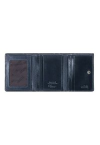 Černá kožená bifold peněženka otevřená, aby ukázala sloty na karty, průhledné okno na ID a emblema pro ochranu RFID na pravé straně.