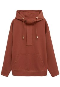 Bluza z kapturem w kolorze rdzy, z wysokim kołnierzem, przednią kieszenią typu kangur oraz złoconymi końcówkami sznurków. Miękka, gładka tkanina o luźnym, oversize'owym kroju.