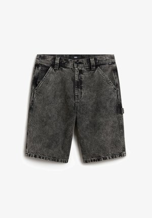 Black denim shorts with a faded finish, five pockets, belt loops, and a button closure. Features straight legs and stitched accents.