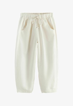 Cream-colored loose pants with elastic waistband and drawstring, featuring front pockets and a relaxed fit.