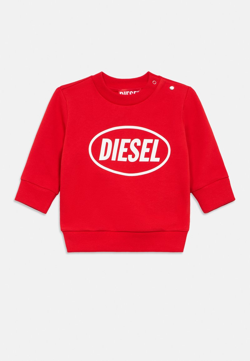 Červená bavlnená mikina s okrúhlym výstrihom, rebrovanými manžetami a bielym logom "DIESEL" v oválnom dizajne na prednej strane.