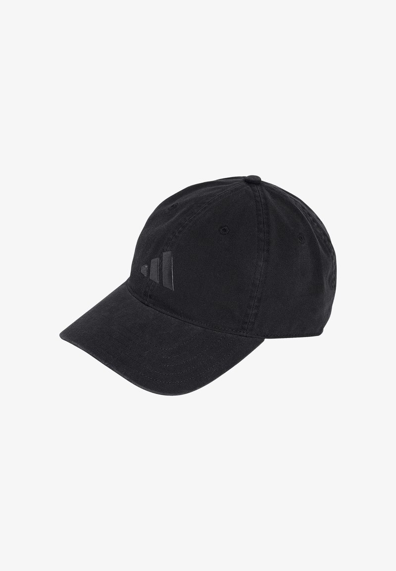 Gorra de béisbol negra de seis paneles con visera curva y logo tonal sutil en el lado delantero izquierdo.