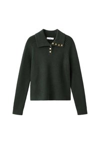 Suéter de punto acanalado de manga larga en verde oscuro con amplio cuello y seis botones dorados a lo largo del escote y el cuello.
