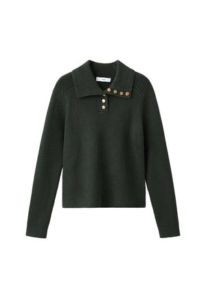 Suéter de punto acanalado de manga larga en verde oscuro con amplio cuello y seis botones dorados a lo largo del escote y el cuello.
