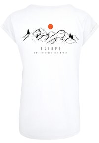 White short-sleeve t-shirt featuring a mountain and tree graphic, with an orange sun. Text reads "ESCAPE AND DISCOVER THE WORLD."