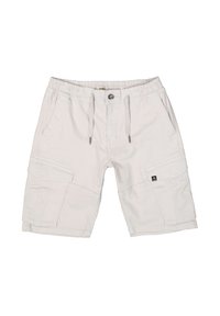 Shorts cargo gris clair avec une taille élastique, cordon de serrage, plusieurs poches et un tissu texturé. Présente un logo près de l'ourlet.