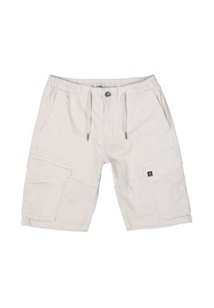Pantaloni cargo grigio chiaro con vita elastica, cordoncino, molteplici tasche e un tessuto testurizzato. Presenta un logo vicino all'orlo.