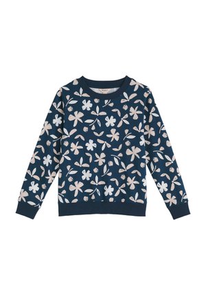 Marineblauwe sweatshirt gemaakt van zachte stof, met een bloemenpatroon in lichtroze. Inclusief een ronde kraag en geribde boorden.