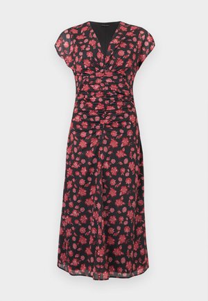 Robe midi noire à imprimé floral rouge, buste froncé, encolure en V et manches courtes volantées, présentée sur un fond blanc.