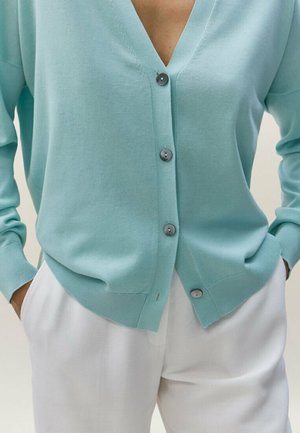 Woman wearing a light blue buttoned cardigan with long sleeves and white pants, hands in pockets, against a neutral background.