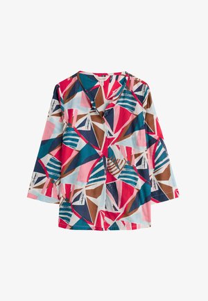 Värikäs puuvillapaita, jossa on geometrinen kuvio pinkissä, sinisessä, ruskeassa ja valkoisessa. Siinä on V-pääntie ja nappisuljenta. Pitkät hihat.