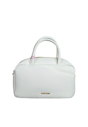Borsa rettangolare bianca con due manici, chiusura con cerniera e piccolo nome del marchio dorato "MARIACELINE" sulla parte anteriore.