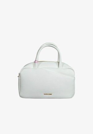 Borsa rettangolare bianca con due manici, chiusura con cerniera e piccolo nome del marchio dorato "MARIACELINE" sulla parte anteriore.