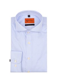 Lichtblauw en witte slim-fit overhemden met verticale strepen, met knoopmanchetten en een oranje merklabel aan de binnenkant van de kraag.