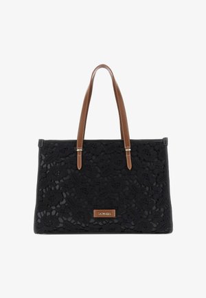 Sort skuldertaske med blomsterblonde mønster, brune læderhåndtag og en lille rektangulær logoplade foran.