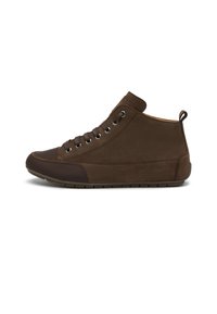 Braune Mid-Top-Sneaker aus Wildleder mit einer glatten, braunen Gummispitze, runden Ösen und einer hinteren Zugschlaufe für einfaches An- und Ausziehen.