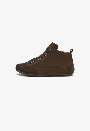Brown mid-top sneaker featuring suede material, smooth brown rubber toe cap, round eyelets, and a rear pull tab for easy wear.
