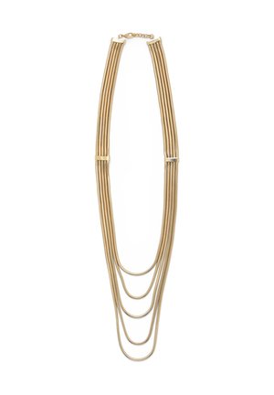 Arany színű, több szálas nyaklánc, négy különböző hosszúságú, rugalmas kígyólánccal. Hátsó kapcsokkal az állítható viselet érdekében.