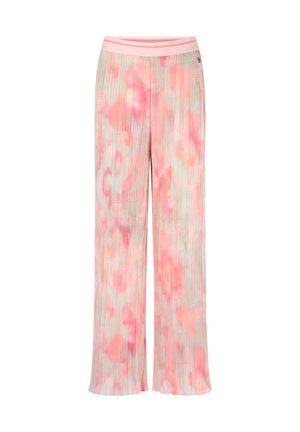 Wijd uitlopende, geplooide broek met een aquarelpatroon in roze en lichtbeige en een roze elastische tailleband.