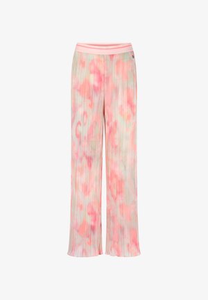 Wijd uitlopende, geplooide broek met een aquarelpatroon in roze en lichtbeige en een roze elastische tailleband.
