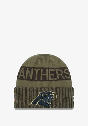 Olive green knit beanie featuring "PANTHERS" text and a black embroidered panther logo on the cuff with ribbed texture.