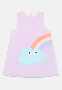 Purple sleeveless dress featuring a light blue cloud with eyes and a rainbow in pink, orange, and blue appliqué on the front.