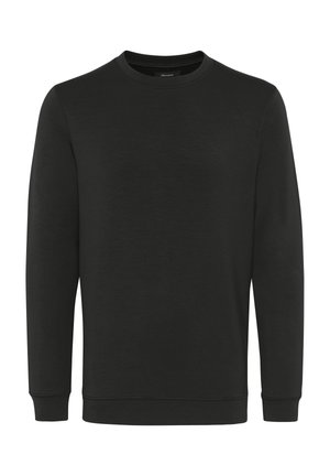 Sudadera de cuello redondo de manga larga negra. Tela suave, puños y dobladillo acanalados, sin logotipos ni patrones visibles. Diseño de ajuste clásico.