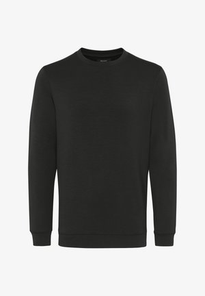 Černá mikina s dlouhým rukávem a kulatým výstřihem. Hladká tkanina, žebrované manžety a lem, žádné viditelné logo ani vzor. Klasický střih.