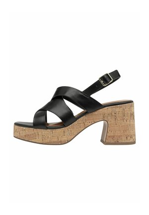 Black leather platform sandals with cross straps, cork block heel, and adjustable ankle strap. Features textured cork surface.
