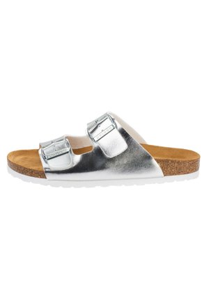 Silver metallic slide sandal with two adjustable buckles, cork footbed, and a white rubber sole. Flat design with smooth texture.