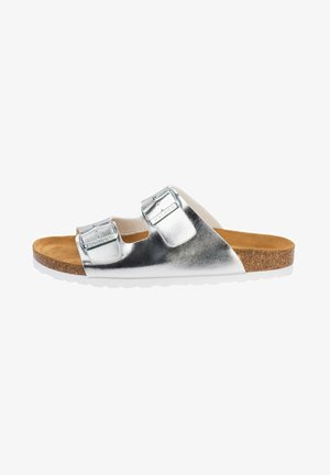 Silver metallic slide sandal with two adjustable buckles, cork footbed, and a white rubber sole. Flat design with smooth texture.