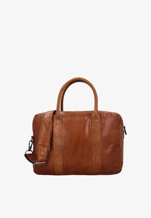 Brun lædermappe med to håndtag og en justerbar skulderrem mod en hvid baggrund.