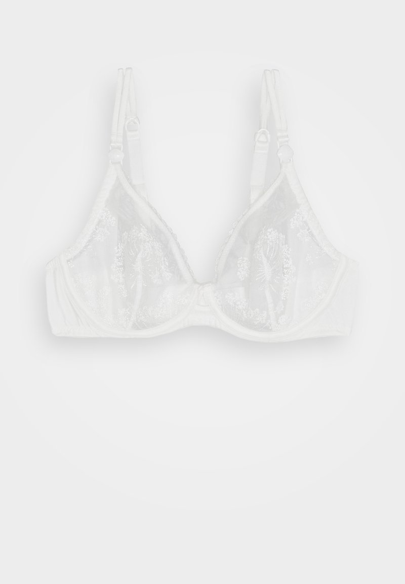Top rendado branco com padrão floral, com copas suaves, alças ajustáveis e fecho de gancho nas costas. Textura suave em todo o tecido.
