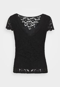 Schwarzes Spitzenoberteil mit kurzen Ärmeln, das ein V-Ausschnitt-Design und florale Muster aufweist. Die Spitzenstruktur ist detailliert und zart.