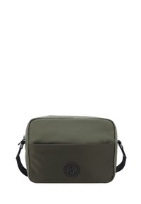 Borsa rettangolare realizzata in tessuto resistente di colore verde oliva, con una sezione inferiore di un verde scuro a contrasto e un logo nero sulla parte anteriore.